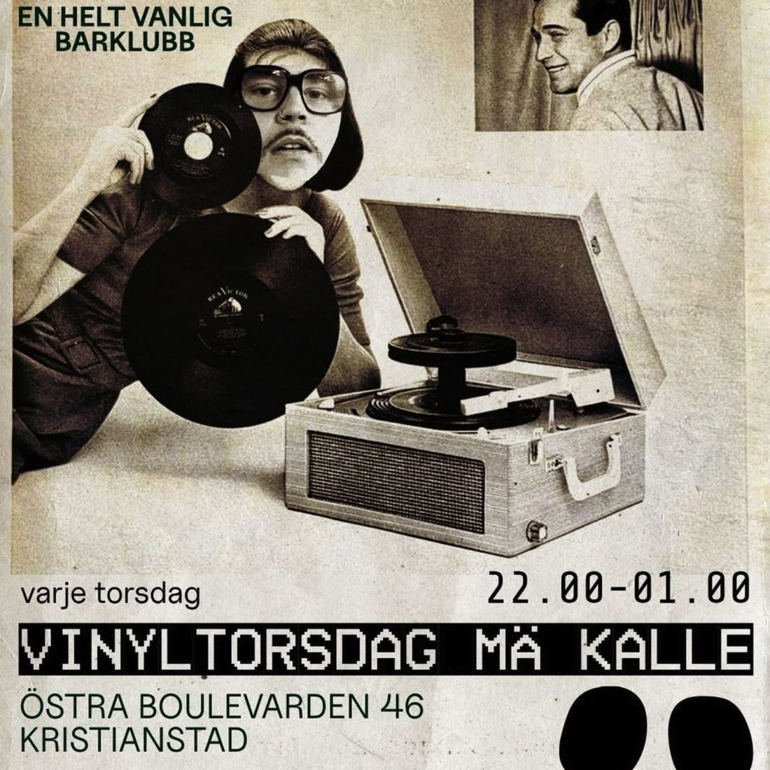 Affisch: Vinyltorsdag mä Kalle, varje torsdag 22.00–01.00, Östra Boulevarden 46, Kristianstad
